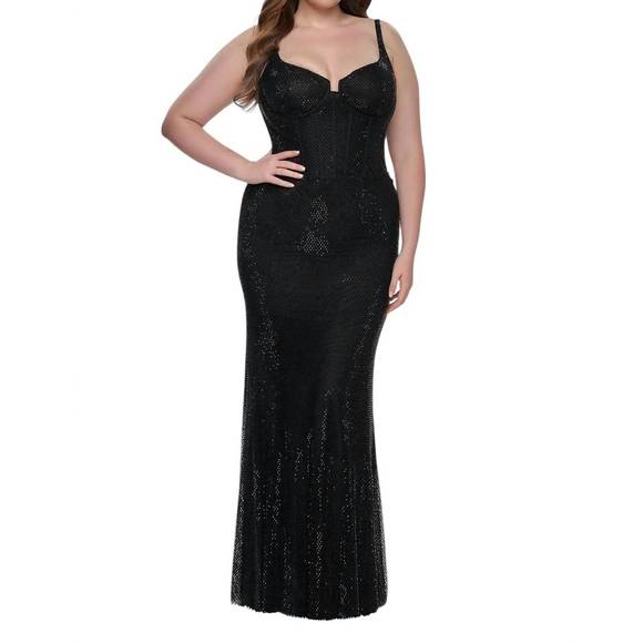 NEW LA FEMME rhinestone fishnet prom dress - plus in black - Picture 1 of 2